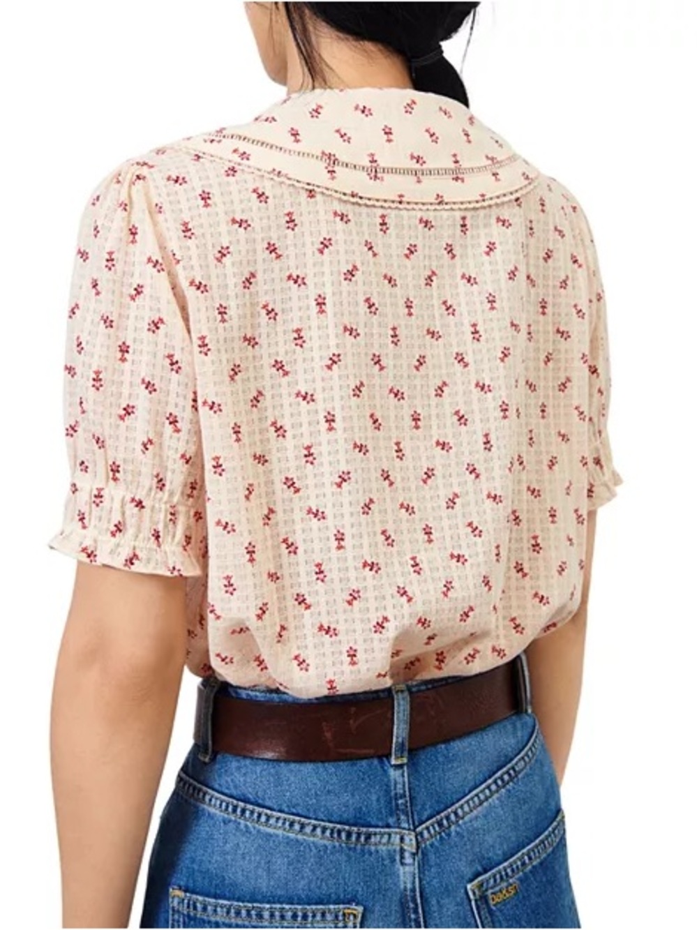 ba&sh Cream Blouse with Red Floral Print and Peter Pan Collar - Picture 2 of 14